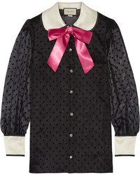 Gucci Bow Embellished Flocked Silk Organza Shirt Black