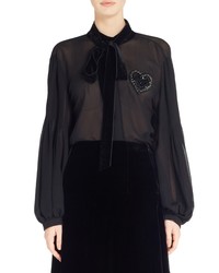 Black Embellished Silk Long Sleeve Blouse