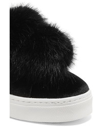 Sam Edelman Leya Faux Fur Embellished Velvet Slip On Sneakers Black