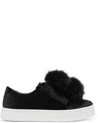 Sam Edelman Leya Faux Fur Embellished Velvet Slip On Sneakers Black
