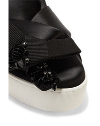 No.21 No 21 Embellished Leather Trimmed Satin Slip On Sneakers Black