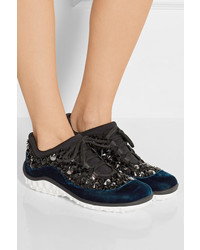 Miu Miu Velvet Trimmed Crystal Embellished Mesh Sneakers Black
