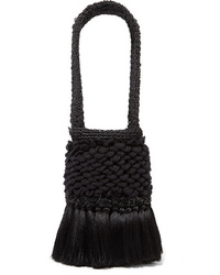 Black Embellished Straw Tote Bag