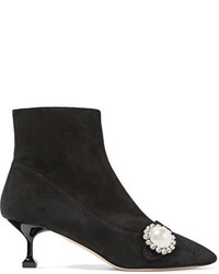 Miu Miu Crystal And Faux Pearl Embellished Suede Ankle Boots Black