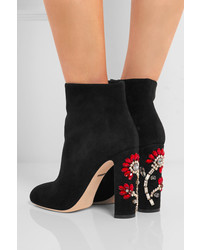 Dolce & Gabbana Crystal Embellished Suede Ankle Boots Black
