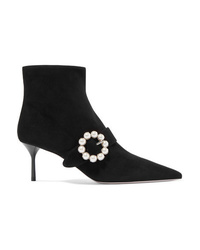 Miu Miu Faux Pearl Embellished Suede Ankle Boots