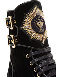 Balmain Leather Trimmed Embellished Suede Ankle Boots Black