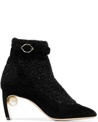 Nicholas Kirkwood Lola Embellished Suede And Metallic Stretch Knit Sock Boots Black