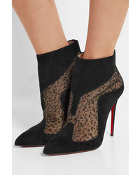 Christian Louboutin Papilloboot 100 Embellished Mesh And Suede Ankle Boots Black