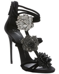 Giuseppe Zanotti Black Suede Floral Applique Strappy Sandals