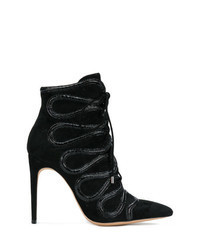 Black Embellished Suede Lace-up Ankle Boots