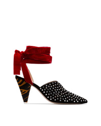 ATTICO Black Red And Brown Velvet Ankle Tie Crystal Embellished 90 Suede Pumps