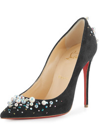 Christian Louboutin Candidate Pearly Embellished Suede Red Sole Pump Black