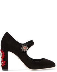 Dolce & Gabbana Embellished Suede Mary Jane Pumps Black
