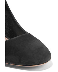 Miu Miu Feather Trimmed Embellished Suede Mary Jane Pumps Black