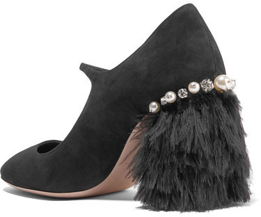 Miu miu feather-trimmed embellished discount suede mary jane pumps