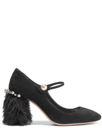 Miu Miu Feather Trimmed Embellished Suede Mary Jane Pumps Black
