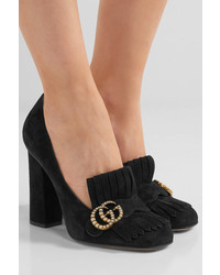 Gucci Marmont Fringed Logo And Faux Pearl Embellished Suede Pumps Black