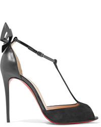 Christian Louboutin Aribak 100 Bow Embellished Leather And Suede T Bar Sandals Black