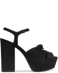 Saint Laurent Farrah Bow Embellished Suede Platform Sandals Black