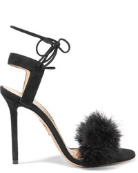 Charlotte Olympia Salsa Feather Embellished Suede Sandals Black