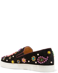 Christian Louboutin Boat Candy Embellished Suede Slip On Sneakers Black