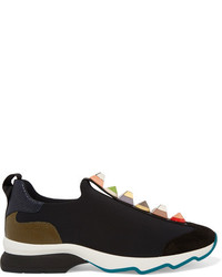 Fendi Embellished Suede And Lizard Effect Leather Trimmed Neoprene Sneakers Black