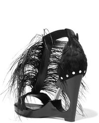 Alexander McQueen Feather Embellished Suede And Acrylic Wedge Sandals Black