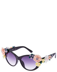 Romwe Floral Embellished Black Elliptical Sunglasses