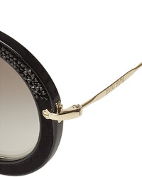 Miu Miu Noir Embellished Round Sunglasses With Suede