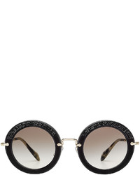 Miu Miu Noir Embellished Round Sunglasses With Suede