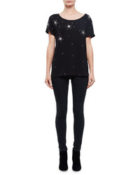 Saint Laurent Short Sleeve Embellished T Shirt Black Crystal