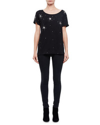 Saint Laurent Short Sleeve Embellished T Shirt Black Crystal