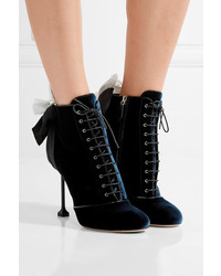 Miu Miu Bow Embellished Velvet Ankle Boots Midnight Blue
