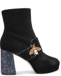 Gucci Embellished Glittered Velvet Ankle Boots Black