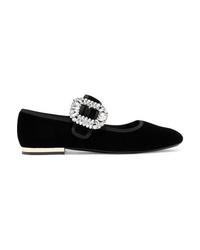 Black Embellished Velvet Ballerina Shoes