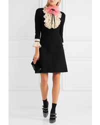 Gucci Organza Embellished Ruffled Wool Mini Dress Black