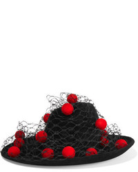 Philip Treacy Pompom Embellished Veiled Wool Felt Hat Black