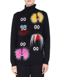 Fendi Long Sleeve Fur Embellished Monster Sweater Black