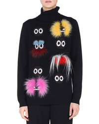 Fendi Long Sleeve Fur Embellished Monster Sweater Black