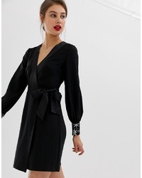 Warehouse Star Embellished Cuff Wrap Mini Dress In Black