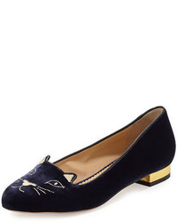 Charlotte Olympia Kitty Velvet Cat Embroidered Flat