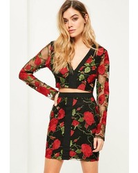 Missguided Black Floral Embroidered Plunge Top