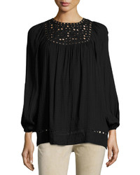 Max Studio Long Sleeve Embroidered Cut Top Black