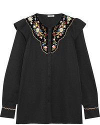 Vilshenko Marina Embroidered Velvet Paneled Cotton And Silk Blend Blouse Black