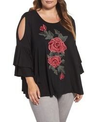 Lumie Plus Size Embroidered Cold Shoulder Top
