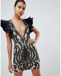 PrettyLittleThing Ruffle Sleeve Embroidered Plunge Mini Dress