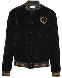 Saint Laurent Palladium Embellished Embroidered Velvet Bomber Jacket Black