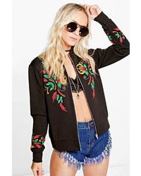 Boohoo Petite Carrie Printed Embroidered Jersey Bomber