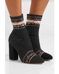 Tabitha Simmons Lara Belle Embroidered Stretch Knit Sock Boots Black